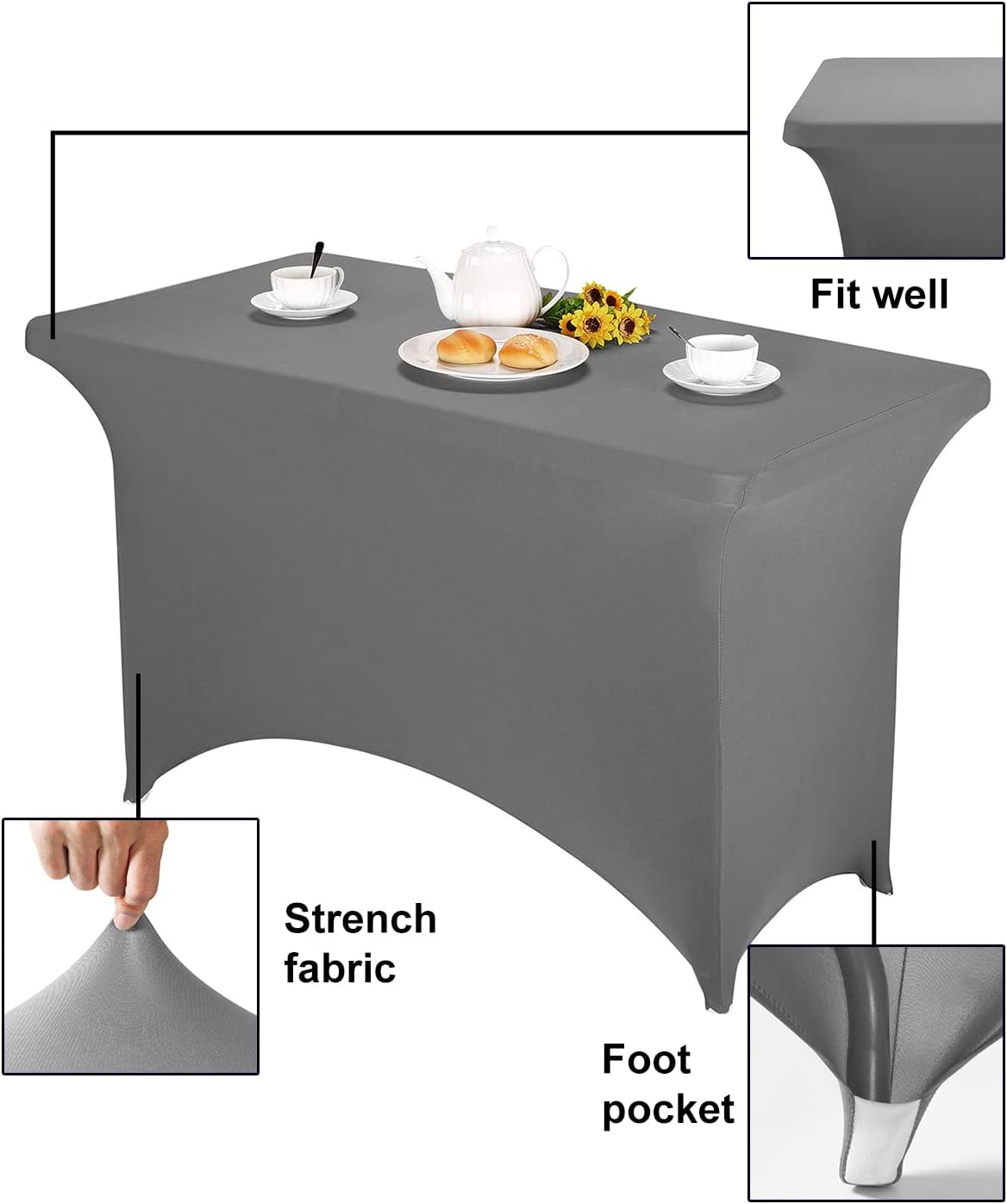 FORLIFE Spandex Table Cover - Fitted 4ft Rectangular Tablecloth, Stretch Patio Cover, Universal for Wedding, Banquet, Party (Gray)