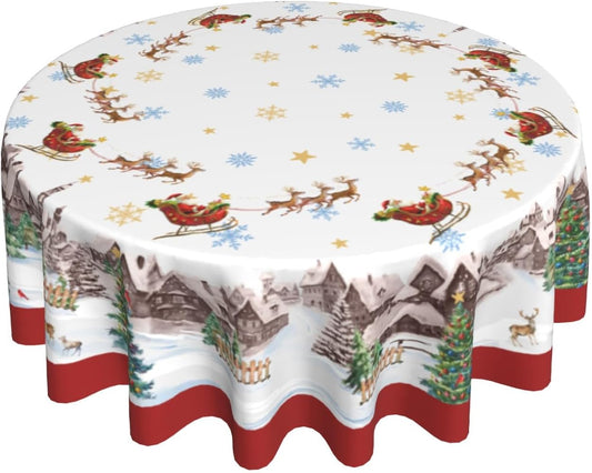 Giwawa 60in Christmas Round Tablecloth Santa Claus Sleigh Reindeer Table Cover Xmas Tree Winter Snowflakes Stain Resistant Waterproof Table Cloth for Kitchen Dining Holiday Indoor Outdoor Decor