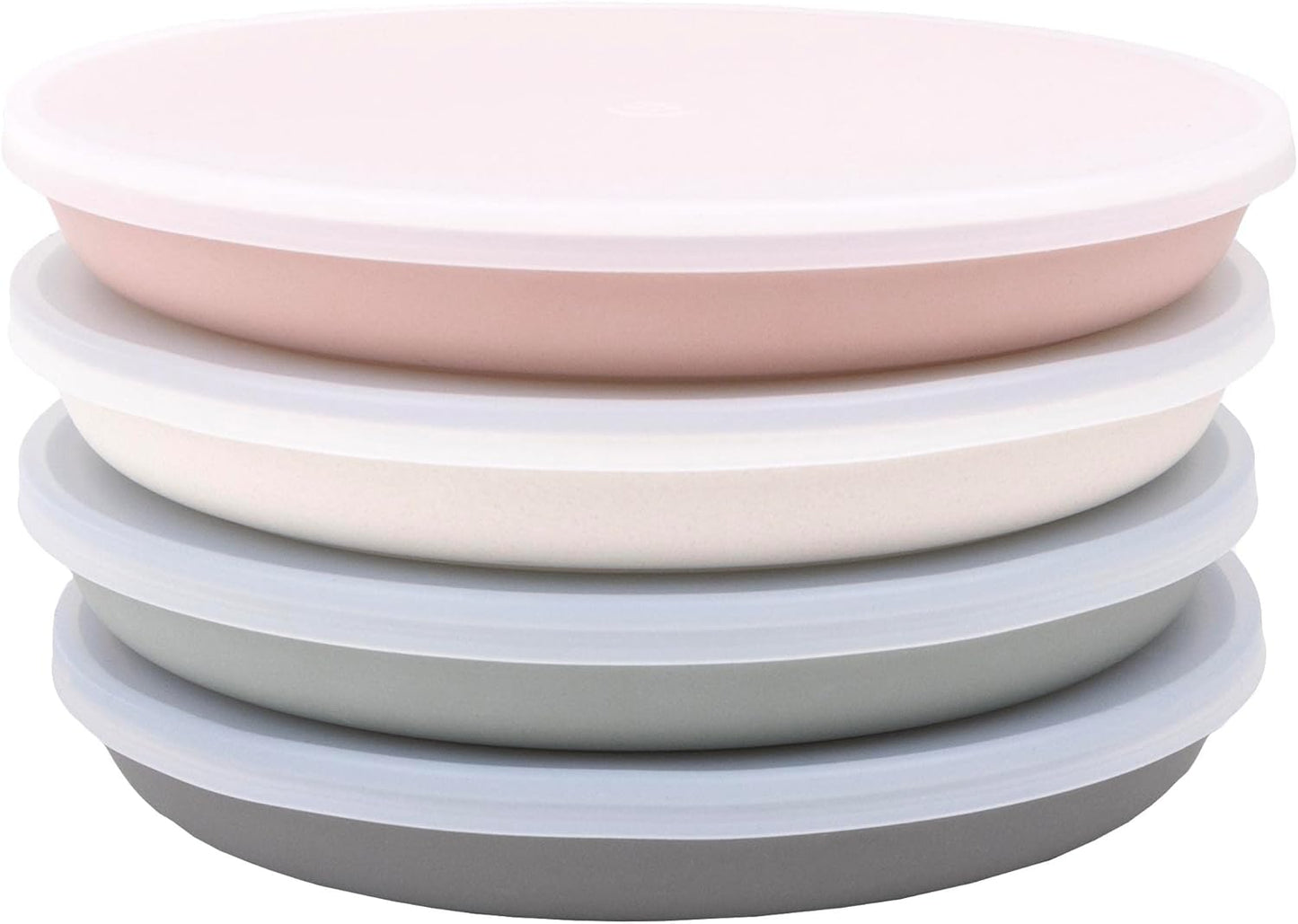 WeeSprout Bamboo Plates with Silicone Lids, Set of 4, Kid-Sized Dinnerware, Cereal, Leftovers & Snacks, Dishwasher Safe Melamine Dishware (Pink, Green, Gray, and Beige)