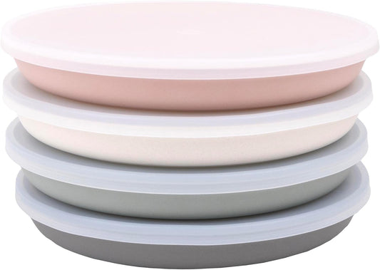 WeeSprout Bamboo Plates with Silicone Lids, Set of 4, Kid-Sized Dinnerware, Cereal, Leftovers & Snacks, Dishwasher Safe Melamine Dishware (Pink, Green, Gray, and Beige)