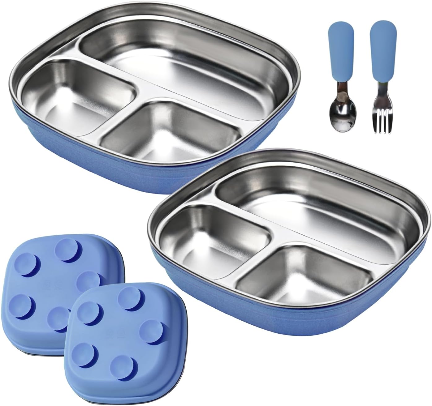 2 Pack Stainless Steel Kids Plates with Suction | 7.68" Spill-Proof High-Rim | 2 Spoons & Removable Sleeves | Microwave/Dishwasher Safe | BPA-Free, Non-Slip, Unbreakable Toddler Plates (‌Blue)
