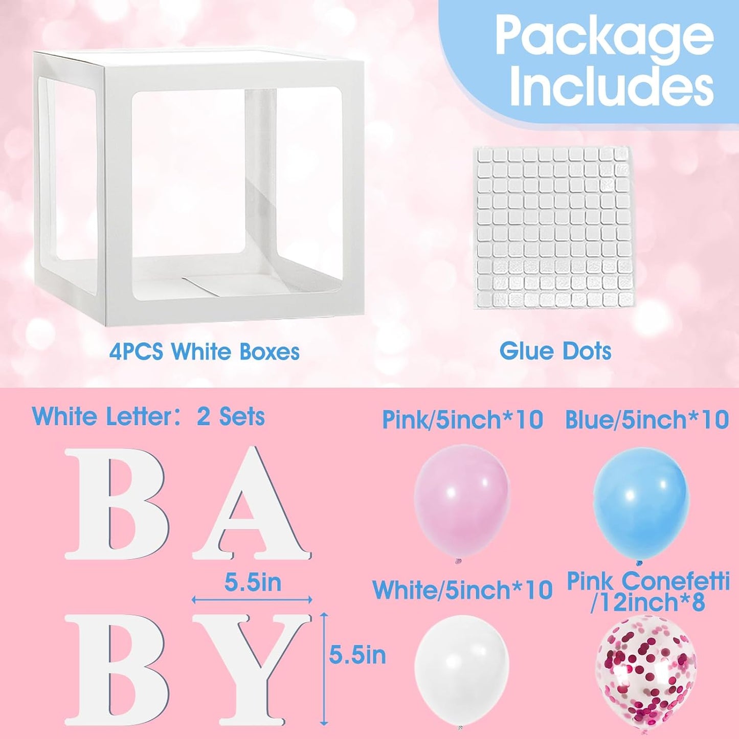 Ledido Baby Boxes with Letters for Baby Shower Decorations with 38 Balloons, 4 pcs Clear Baby Balloon Boxes Blocks for Baby Shower Decor Boy Girl Gender Reveal Decorations Backdrop Party (White)