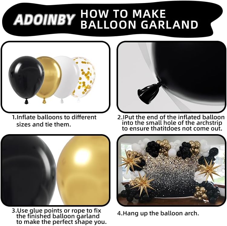 Black and Gold Balloon Garland Arch Kit, 185Pcs Explosion Star Black White Metallic Gold Confetti Latex Balloons for Birthday Anniversary Wedding Engagements Baby Shower Party Decorations