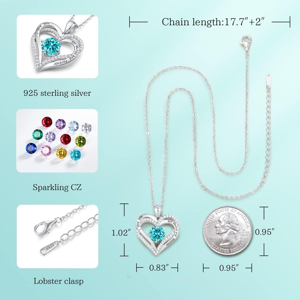 CDE Forever Love Heart Necklaces for Women, Wedding Anniversary, Birthday Mothers Day Christmas Day Gifts for Mom, Mother, Wife, friend, S925 Silver Jewelry with Birthstone Pendant