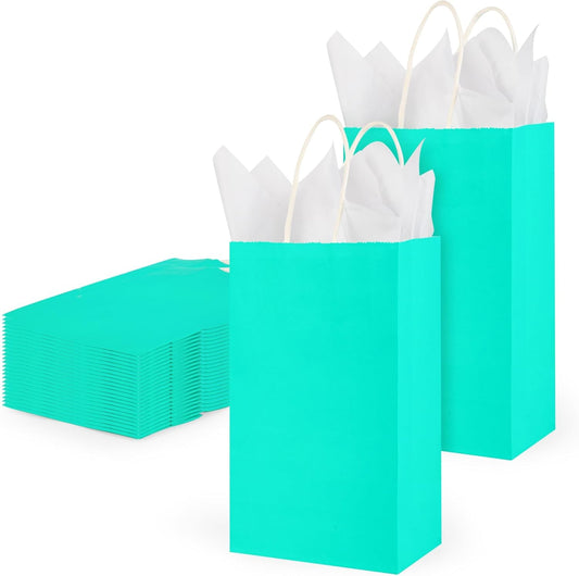 DjinnGlory 24 Pack Small-Sized Teal Paper Bags 9x5.5x3.15 Inches with 24 White Tissue Paper, Aqua Blue Bags with Handles for Wedding Bridal Shower Birthday Party Favors Goodies, Christmas Gifts