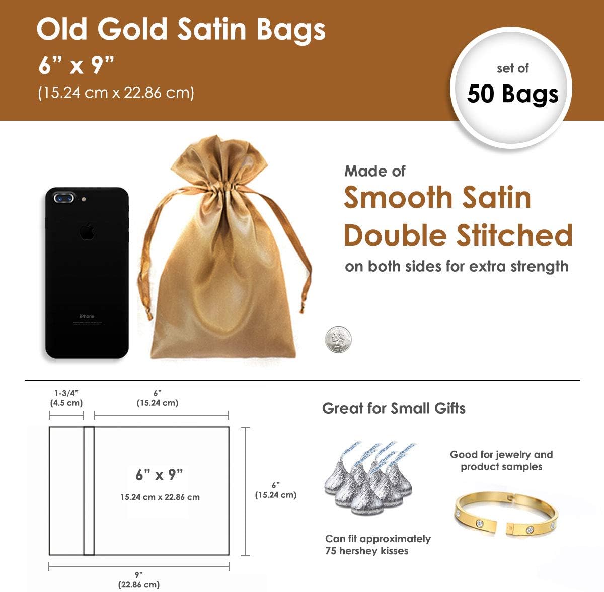 6" x 9" Old Gold Satin Gift Bags, Jewelry Bags, Wedding Favor Drawstring Bags Baby Shower Christmas Gift Bags 50 per Pack