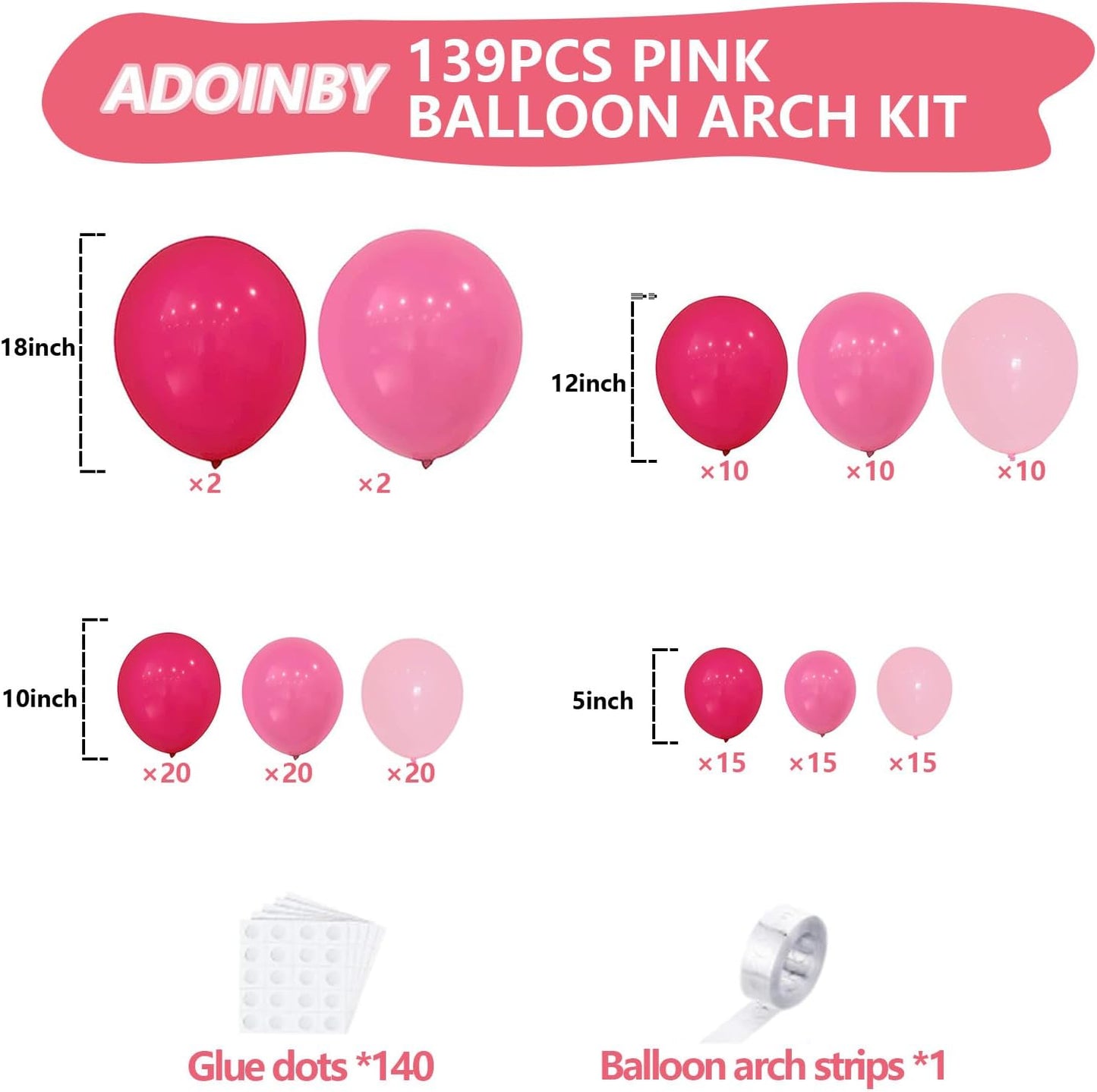 139Pcs Pink Balloon Arch Kit, 18 12 10 5 Inch Different Size Balloons for Wedding Birthday Princess Theme Baby Shower Bridal Shower Party Decorations