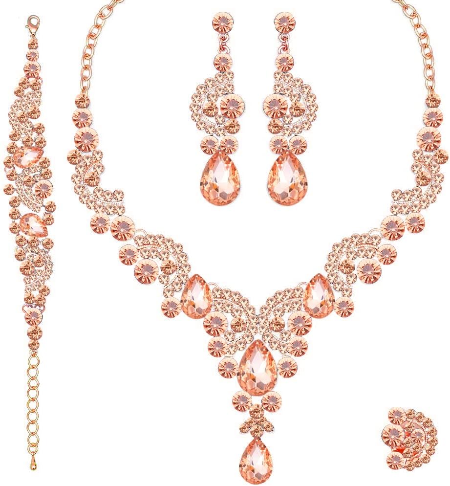 CSY Elegant Crystal Necklace Earrings Bracelet Ring Bridal Wedding Party Costume Jewelry Sets for Brides Women