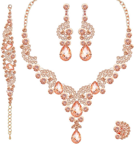 CSY Elegant Crystal Necklace Earrings Bracelet Ring Bridal Wedding Party Costume Jewelry Sets for Brides Women