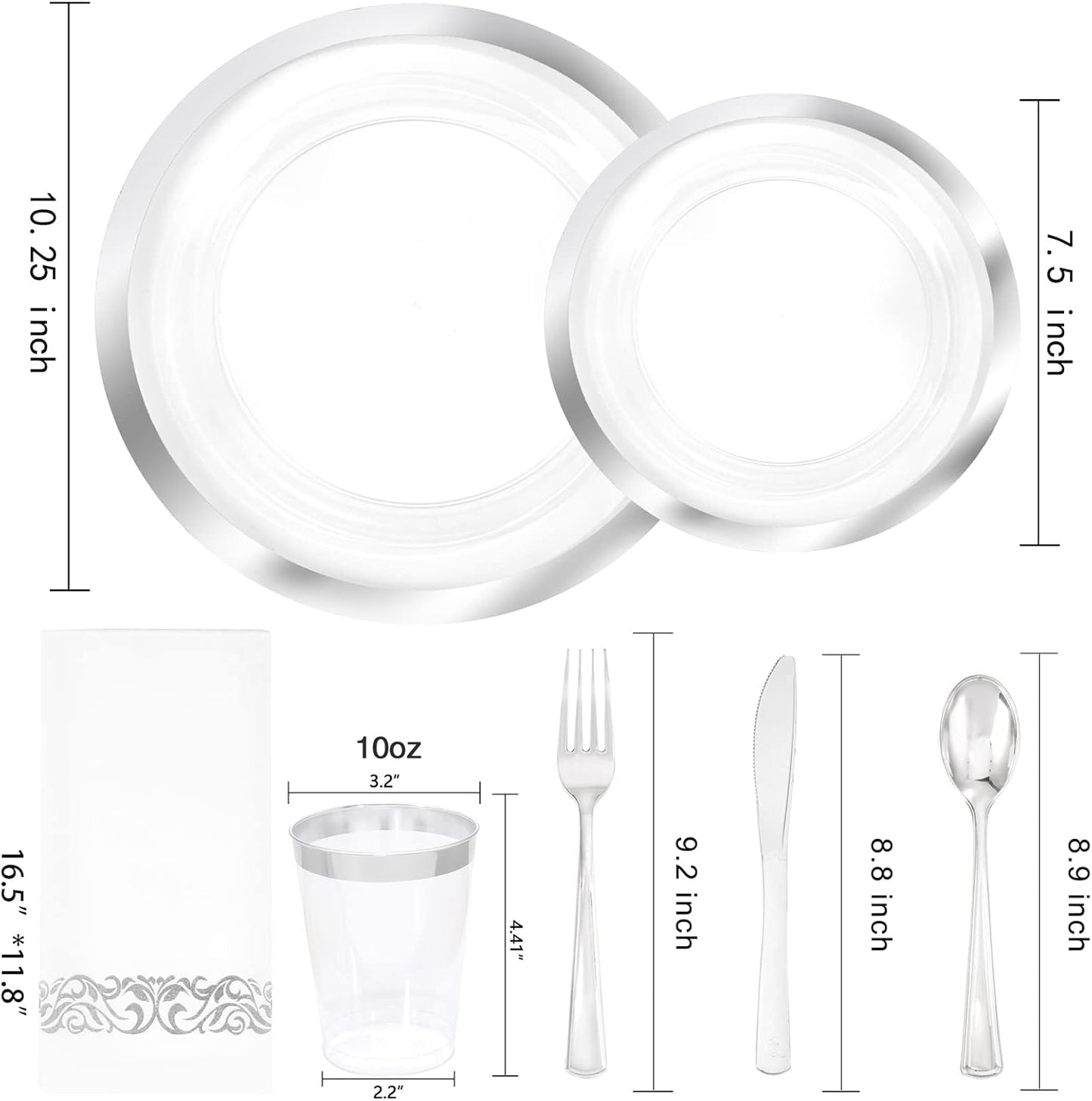 YOUBET 175PCS Clear Plastic Plates with Silver Rim include -Disposable Silver Plstic Plates Includes 50 Silvery Plastic Plate, 25Forks, 25Knives, 25Spoons, 25Cups, 25Napkins for Wedding & Party