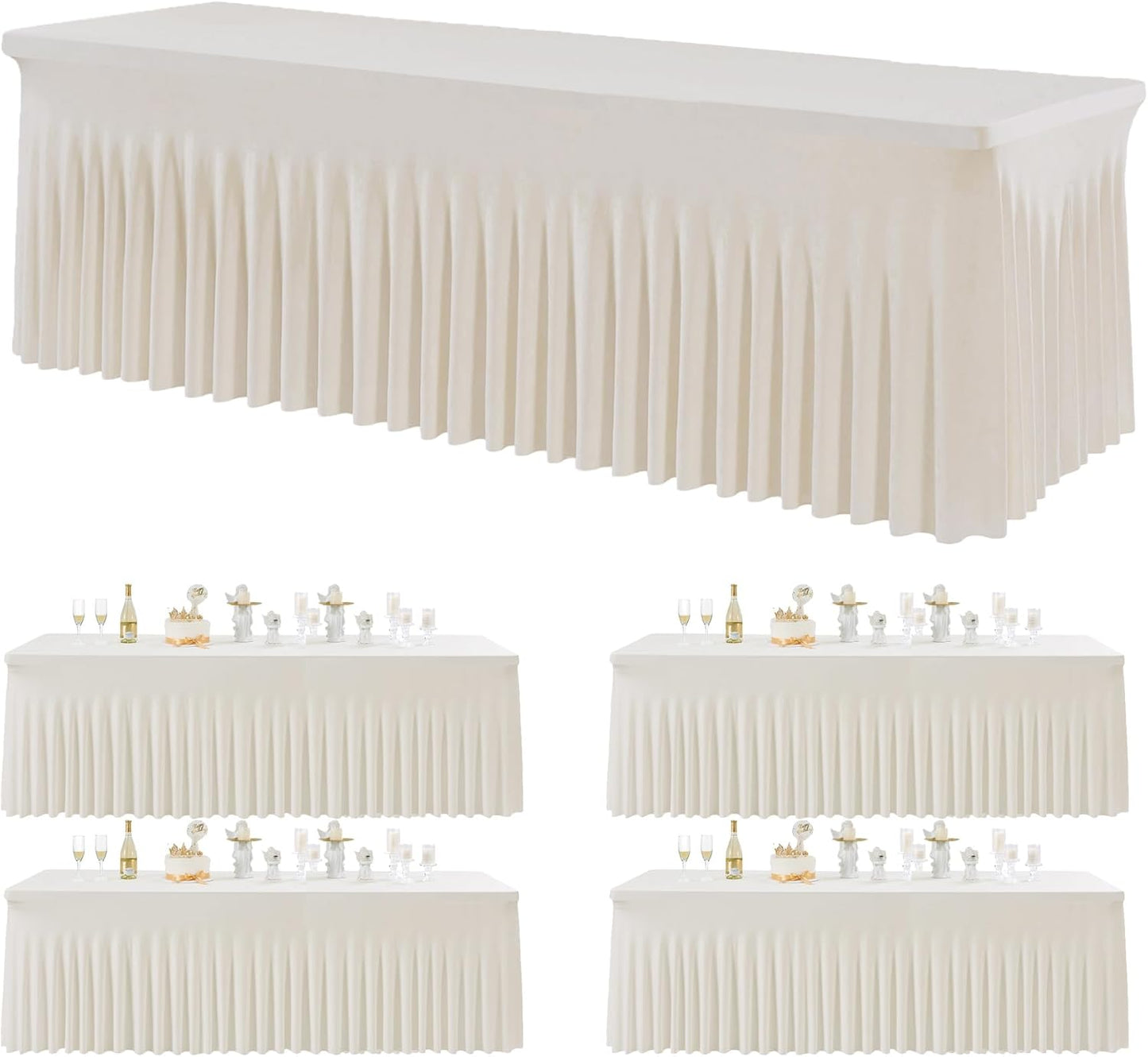 4 Pack Spandex Ivory Tablecloths for 8 Foot Rectangle Tables, Wrinkle Free Stretchy Table Clothes 8 ft Fitted Tablecover Desk Skirt for Parties Weddings Birthday Banquet Baby Shower