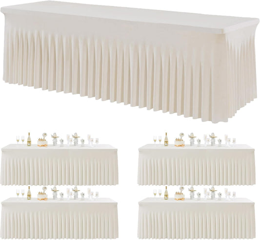 4 Pack Spandex Ivory Tablecloths for 8 Foot Rectangle Tables, Wrinkle Free Stretchy Table Clothes 8 ft Fitted Tablecover Desk Skirt for Parties Weddings Birthday Banquet Baby Shower