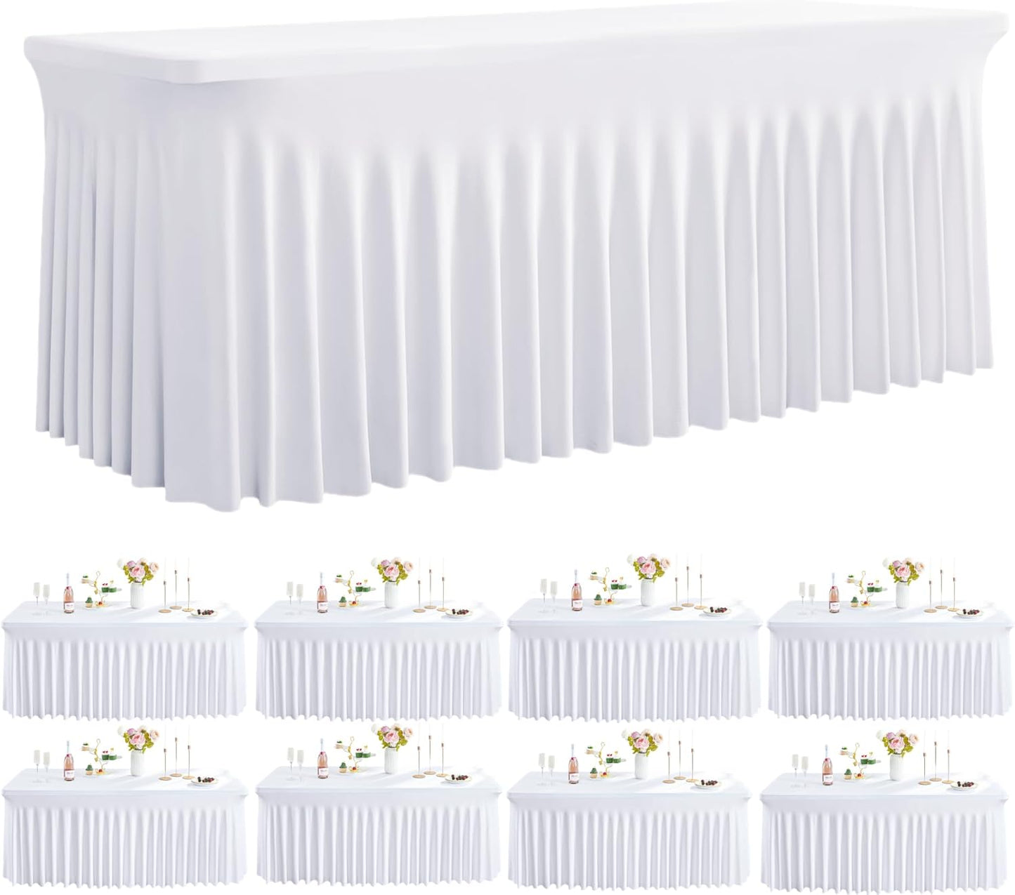 Outpain White Spandex Table Clothes for 6 Foot Rectangle Tables-8Pack 6FT Spandex Fitted Table Cover, Wrinkle Free Tablecloths with Skirt for Parties, Wedding, Birthday, Banquet, Festival