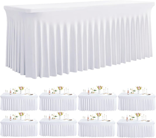 Outpain White Spandex Table Clothes for 6 Foot Rectangle Tables-8Pack 6FT Spandex Fitted Table Cover, Wrinkle Free Tablecloths with Skirt for Parties, Wedding, Birthday, Banquet, Festival