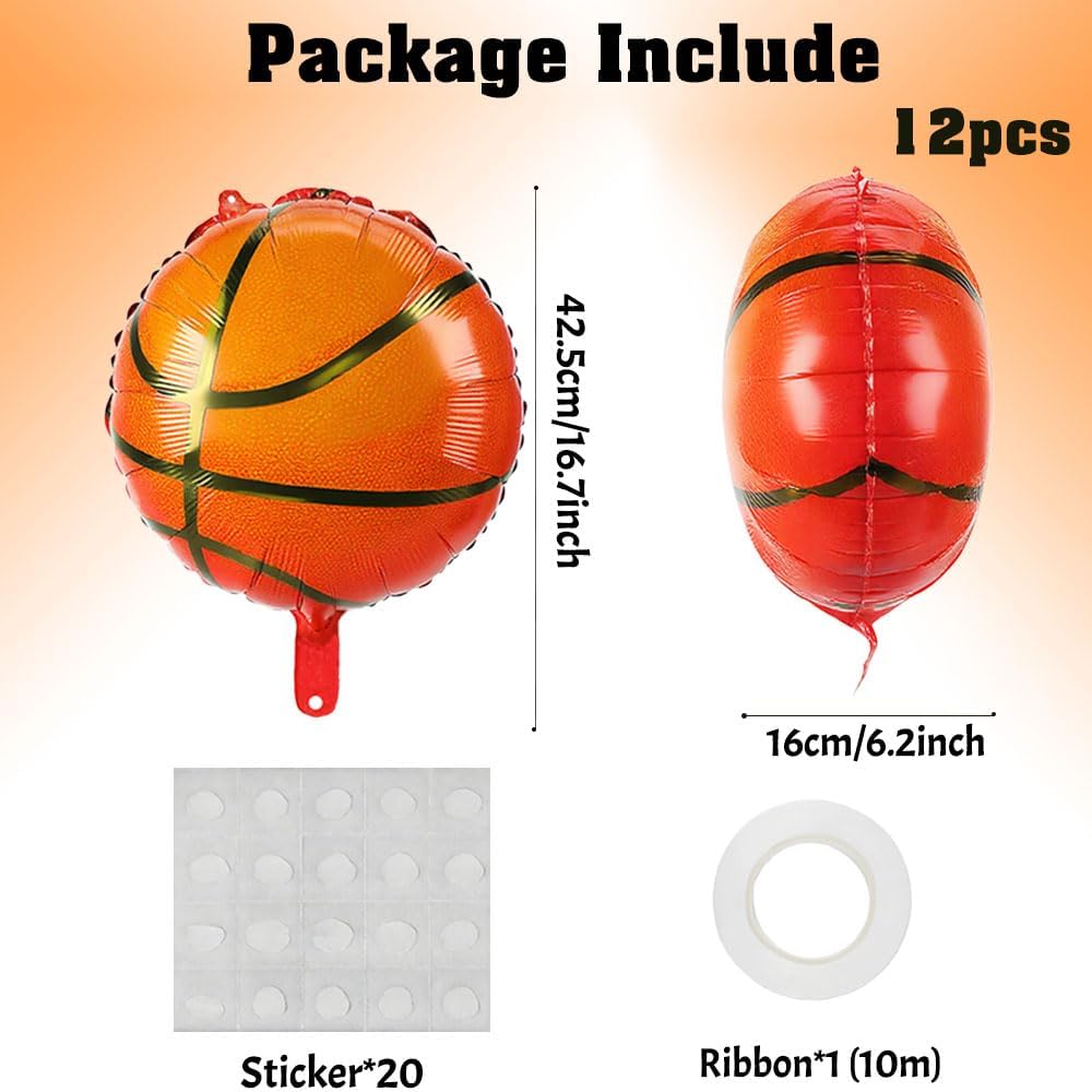12 PCS 18 Inch Basketball Balloons Birthday Party Decorations Giant Sports Balloons Gender Reveal Christmas Mylar Foil Helium Aluminum Inflatable Balloon Kit for Party Favor Supplies Sport Theme Decor