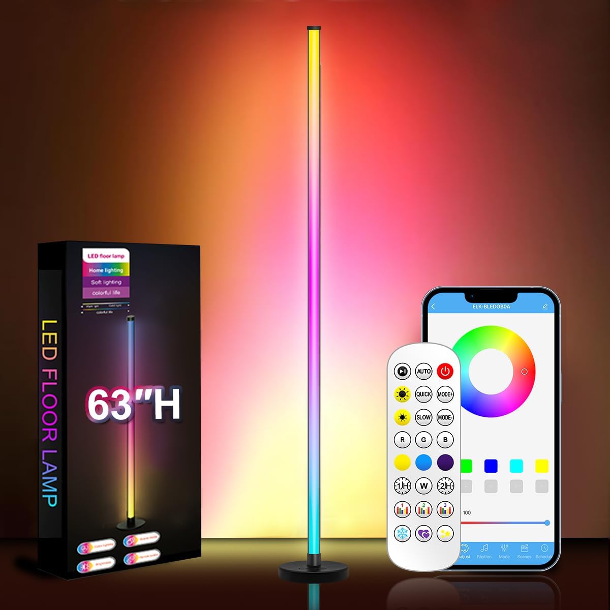 LED Floor Lamp, 63-Inch RGB Corner Light with Music Sync, Smart App Control, 16 Million Colors, Remote Control for Living Room, Bedroom, Gaming Room (1 Pack)