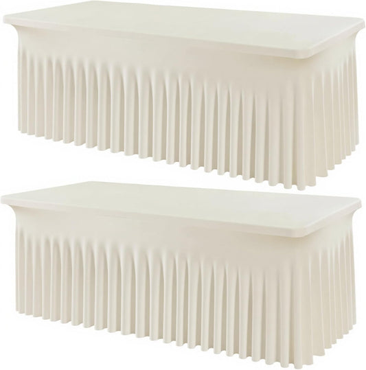 Outpain 6ft Spandex Table Cloth for Standard Folding Tables-2Pack Ivory Table Cloth Table Protector for Party, Wedding, Cocktail, Banquet, Festival