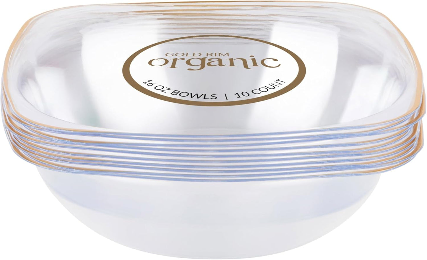 PLASTICPRO Clear Plastic Organic Party Square Soup bowls Clear With Gold Rim Elegant Disposable Tableware Dishes 16 OZ 32 Count