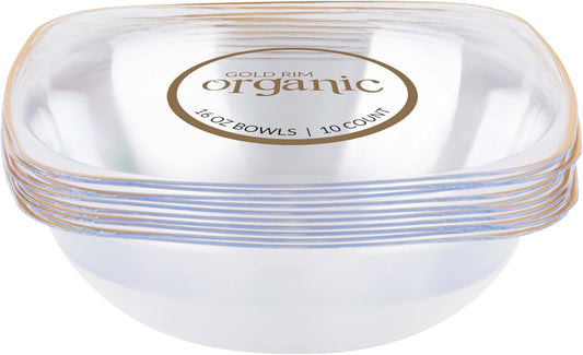 PLASTICPRO Clear Plastic Organic Party Square Soup bowls Clear With Gold Rim Elegant Disposable Tableware Dishes 16 OZ 32 Count