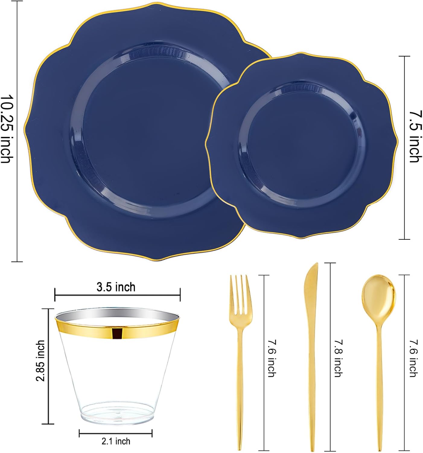 bUCLA 180PCS Blue Plastic Plates - Navy Blue and Gold Rim Disposable Include 30 Each (Dinner & Dessert) Plates, 30 Knives, 30 Forks, 30 Spoons and 30 Cups, Ideal for Party & Gathering