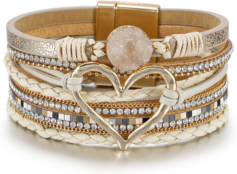 Fesciory Leopard Bracelet for Women, Boho Leather Wrap Multi-Layer Pearl Crystal Bracelet Bangle Jewelry