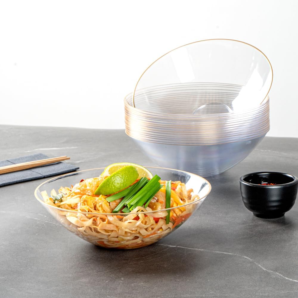 Restaurantware-Moderna 16 Ounce Plastic Bowls, 20 Durable Disposable Salad Bowls - Gold-rimmed, Heavy-duty, Clear Plastic Fancy Bowl, For Warm And Cold Foods, Ideal For Restaurants