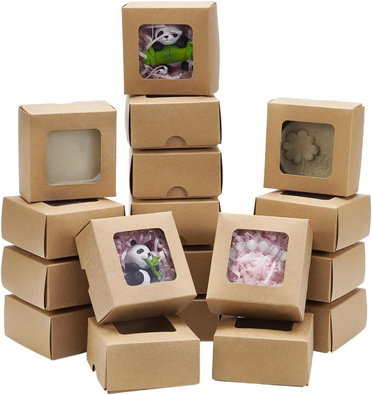 BENECREAT 20 PCS Brown Kraft Paper Box with Transparent Window, 3.15x3.15x1.57inch Square Kraft Paper Gift Box, For Wedding Party Gifts, Jewellery Packaging