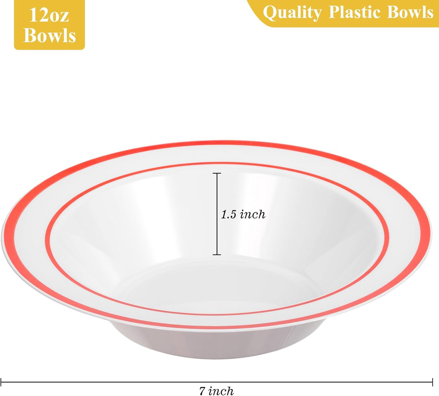 Goodluck 100 Pack Plastic Bowls with Red Rim, 12oz Disposable Soup Bowls, Heavy Duty Dessert Bowls for Weddings, Parties, Christmas Dinners, Catering, Thanksgiving and Everyday Use