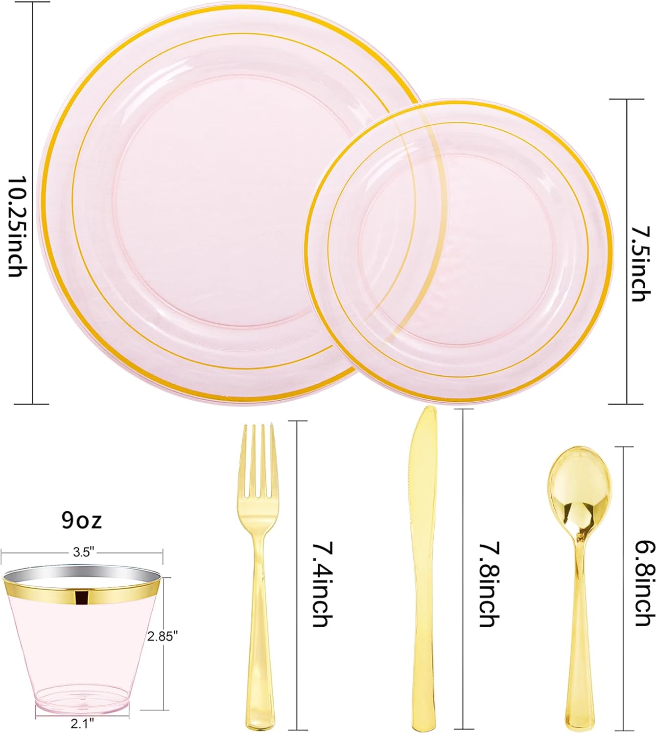WELLIFE 350Pcs Clear-Pink Plastic Dinnerware- Pink and Gold Plastic Dinnerware include 50 Dinner Plates, 50 Dessert Plates, 150 Gold Silverware, 50 Cups and 50 Napkins Perfect for Parties