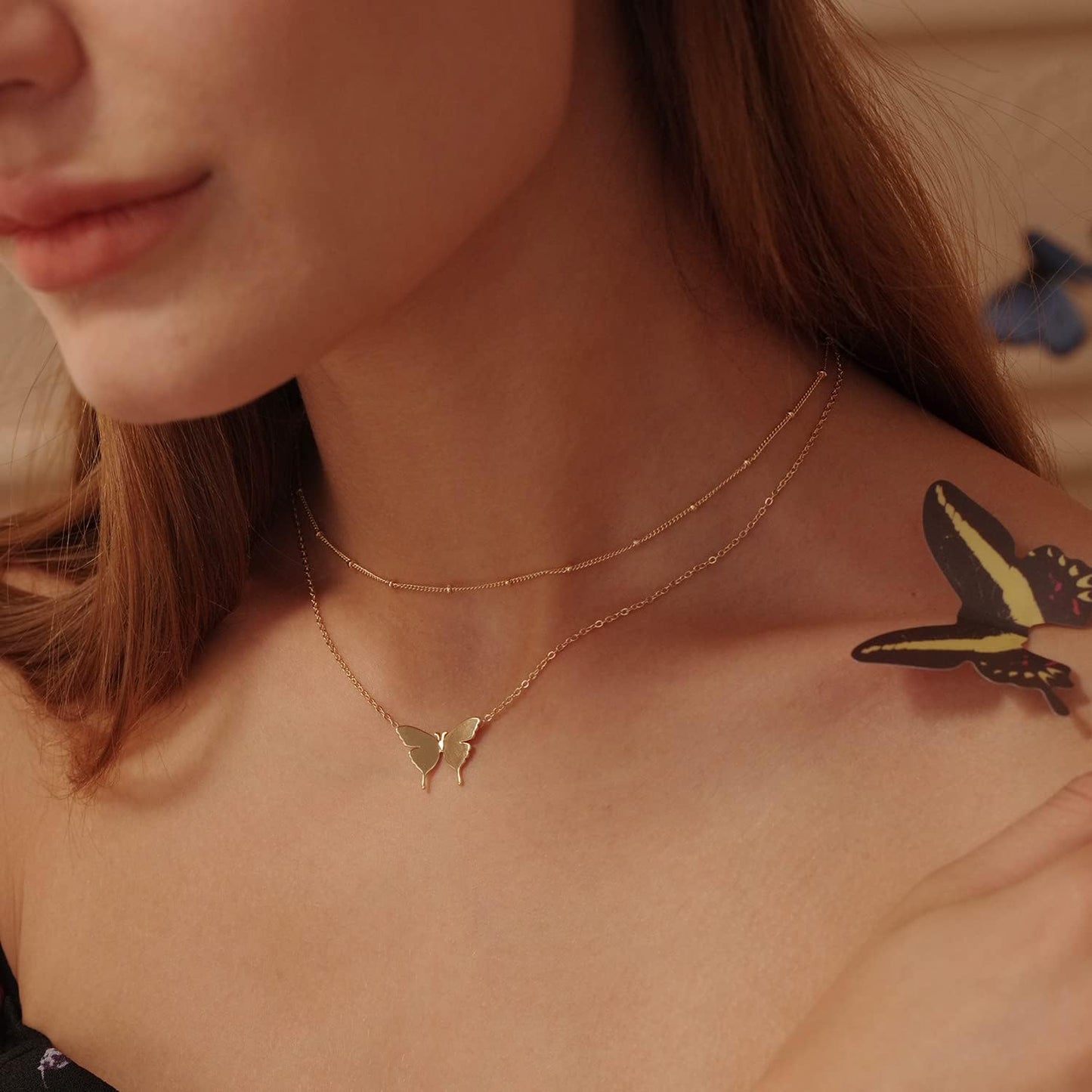 MEVECCO Layered Heart Necklace Pendant Handmade 18k Gold Plated Dainty Gold Choker Arrow Bar Layering Long Necklace for Women