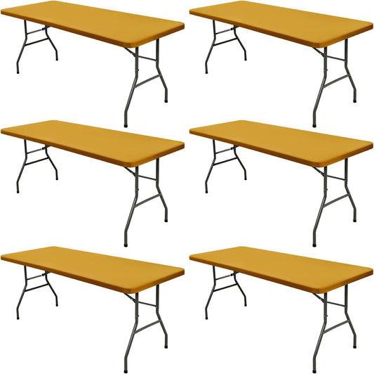 6 Pack 8 Foot Picnic Table Cover Fitted Outdoor Tablecloth for Rectangle Tables Elastic Waterproof Stretch Washable Patio Folding Spandex Table Cloth for Camping Banquet Parties (Mustard,30" x 96")
