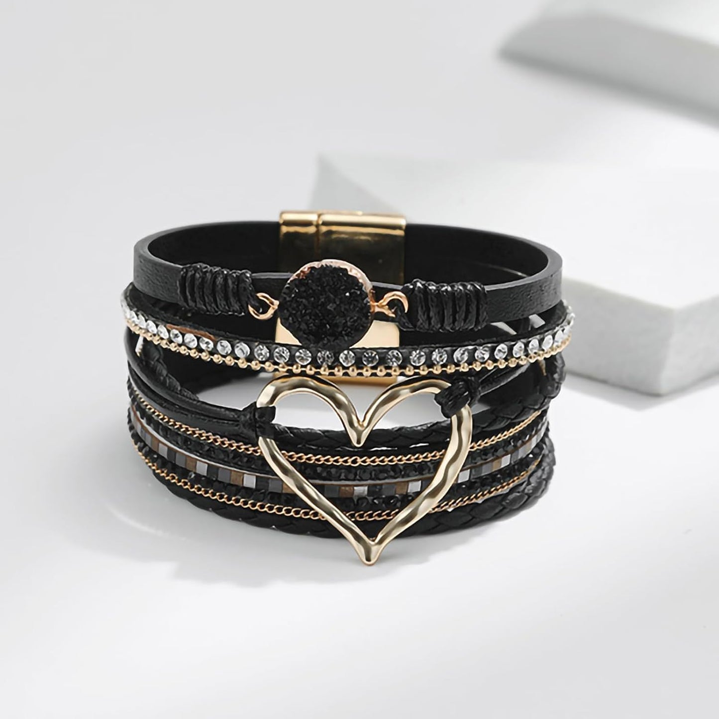 Fesciory Leopard Bracelet for Women, Boho Leather Wrap Multi-Layer Pearl Crystal Bracelet Bangle Jewelry