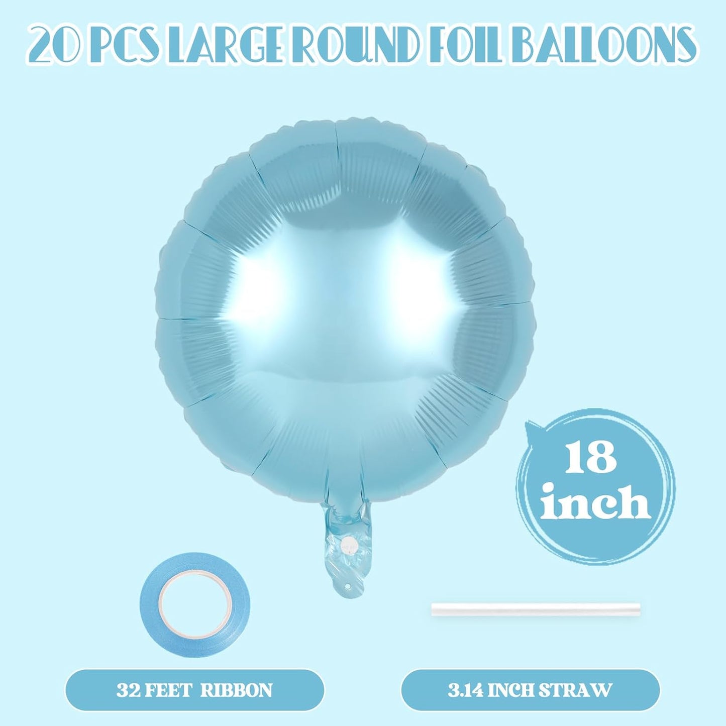 20 Pcs Light Blue Round Shaped Balloons,18 Inch Round Foil Balloon,Giant Round Mylar Balloon Helium Balloons for Birthday Party Baby Shower Wedding Decorations (Light Blue)