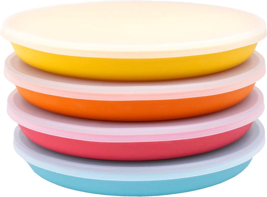 WeeSprout Bamboo Plates with Silicone Lids, Set of 4, Kid-Sized Dinnerware, Cereal, Leftovers & Snacks, Dishwasher Safe Melamine Dishware (Blue, Yellow, Orange, and Red)