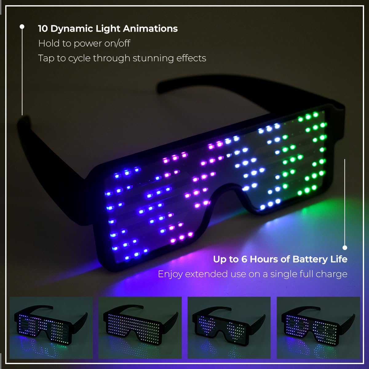 LED Glasses: Light Up Sunglasses with Long-Life Battery, Neon, 11 Patterns