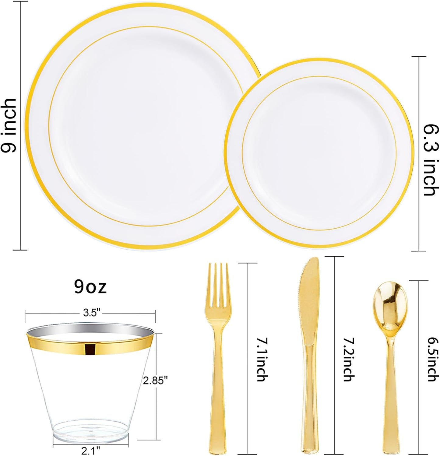 WELLIFE 300Pcs Gold Dinnerware Set for 50 Guests, Gold Rim Plastic Plates Disposable, 50 Dinner and 50 Salad Plates, 50 Cups, 50 Silverware Set for Party