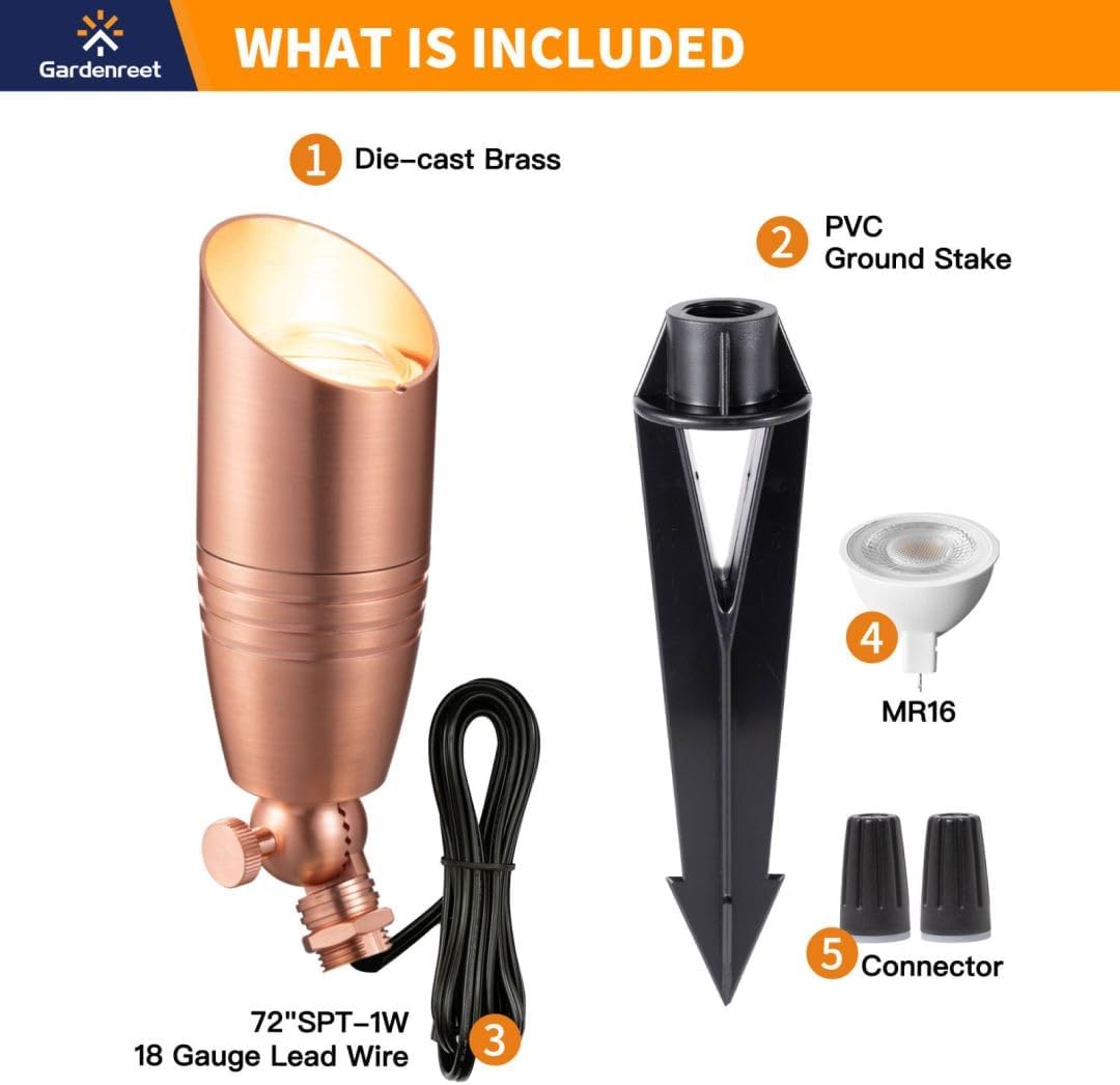 Gardenreet Low Voltage Spot Lights - Solid Brass Landscape Spotlight Wired, 12V Outdoor LED Bullet Uplights, Waterproof Electric Copper for Patio Wall with 4000K Bright White MR16 Bulb (6 Pack)