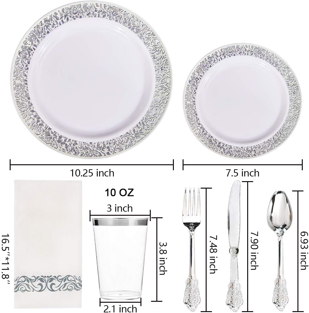 bUCLA 350PCS Silver Plastic Dinnerware Set - Silver Plates Disposable Lace Design for 50 Guests Include 100 Plates,50 Forks,50 Knives,50 Spoons,50Cups,50 Napkins,Ideal for Party,Wedding&Christmas