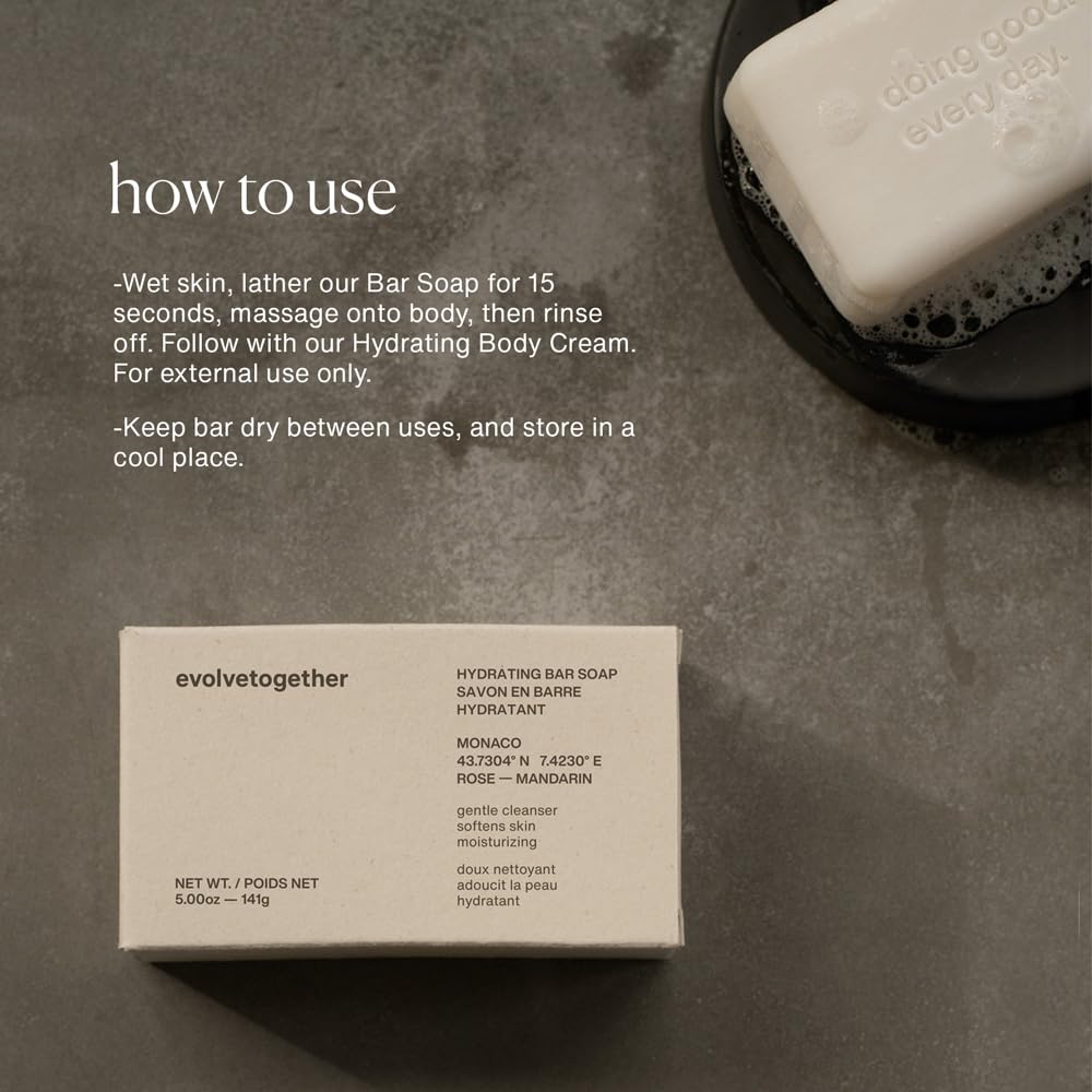 evolvetogether Hydrating Bar Soap For Women & Men | Gently Cleanse, Restore & Moisturize Skin with a Creamy Lather | For All Skin Types | Vegan, Cruelty-Free, Paraben-Free | Made in USA (Monaco, 5 Oz)