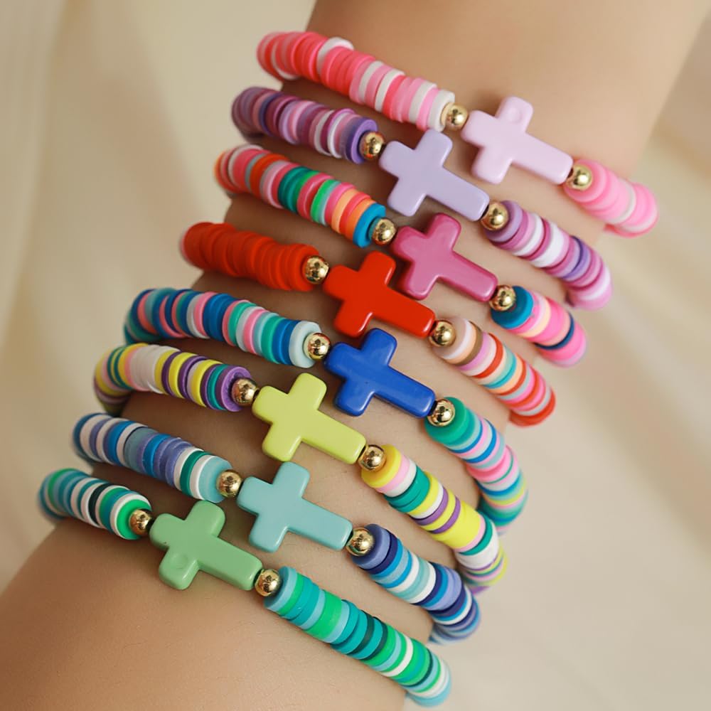 Heishi Surfer Clay Bead Bracelets Set for Women - Preppy Smile Evil Eye Beaded Stretch Bracelets Elastic Layering Friendship Bracelets- Stackable Boho Disc Summer Jewelry Set