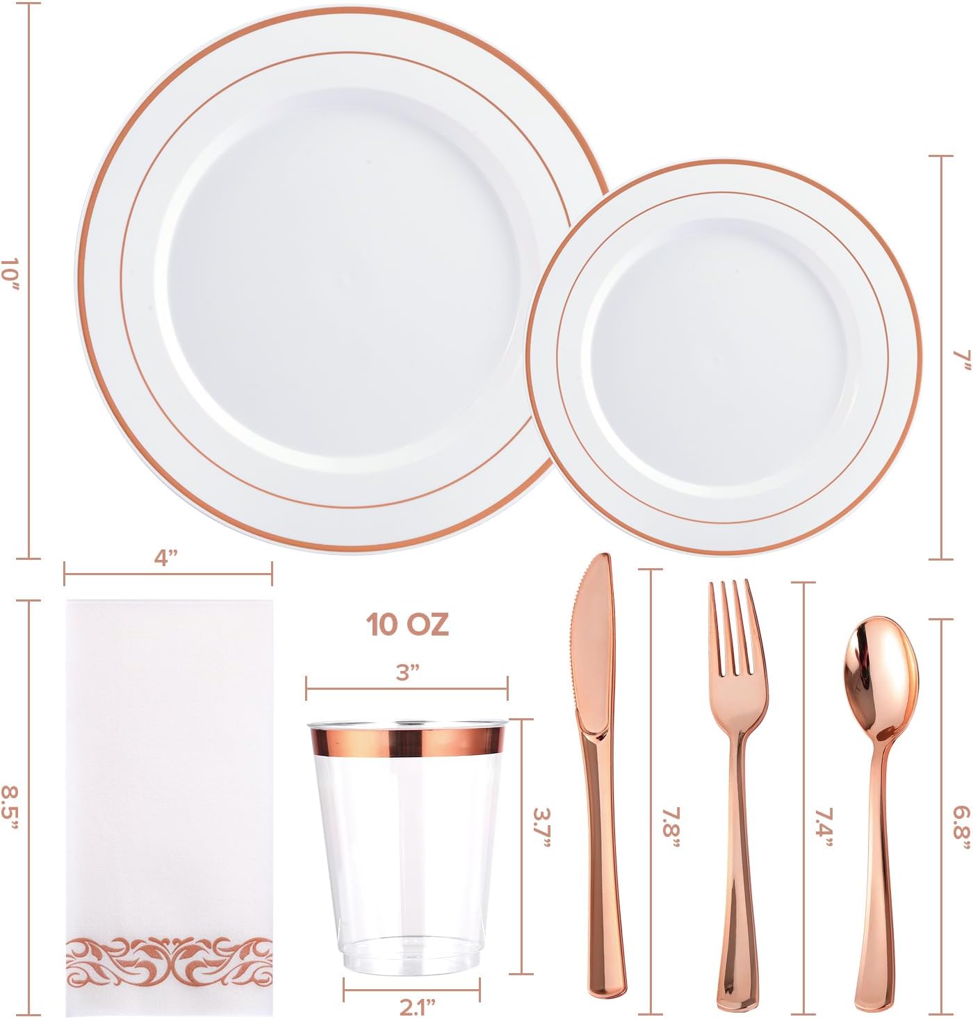 FOCUSLINE 350 Ct Disposable Dinnerware Set for 50 Guests -Heavy Duty Plastic Plates with Rose Gold Rim, Includes 50 Dinner & Salad Plates, Cups, Napkins, Cutlery Set