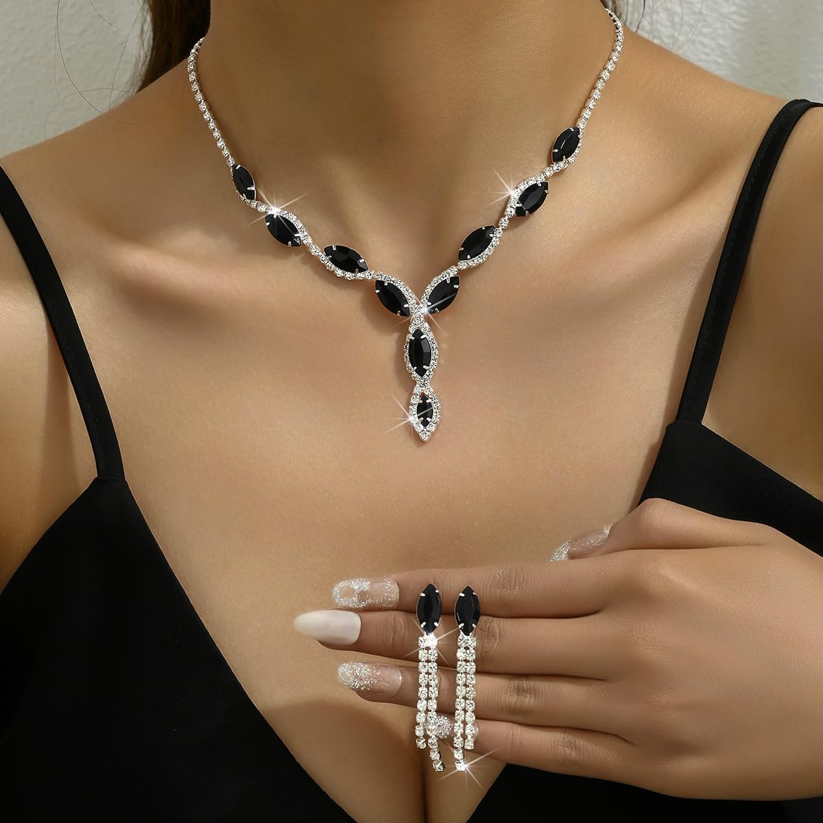 Silver Rhinestone Prom Jewelry Set for Women,Black Glitter Crystal Chain Choker Necklace Cz Drop Earring for Wedding Bridal,Formal Costume Accessories