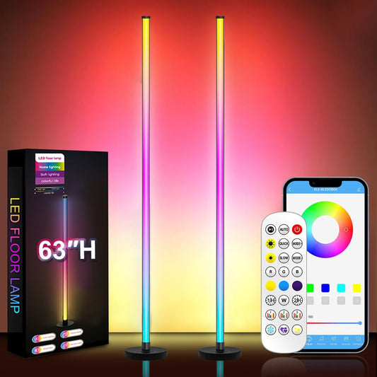 LED Floor Lamp, 63-Inch RGB Corner Light with Music Sync, Smart App Control, 16 Million Colors, Remote Control for Living Room, Bedroom, Gaming Room (2 Pack)