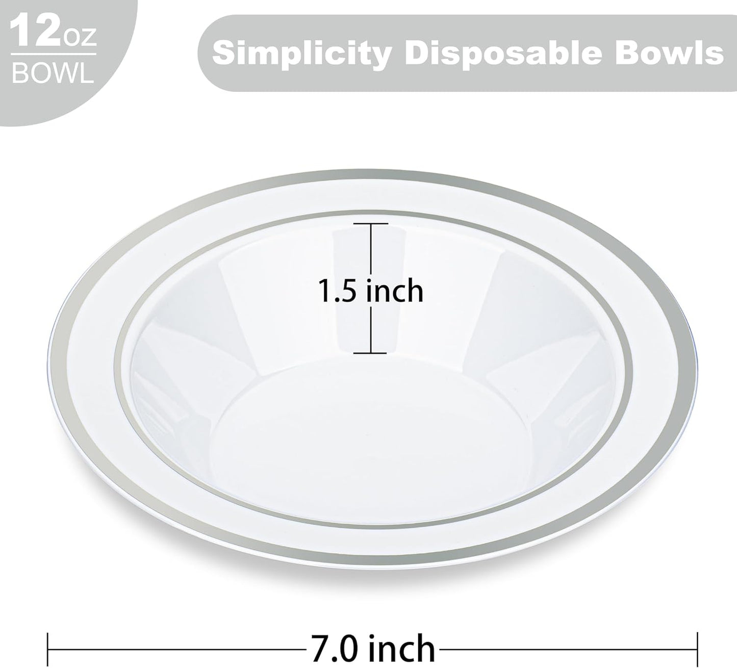 BESTVIP 100 Pack Plastic Disposable Soup Bowls, 12 oz White Dessert Bowls with Silver Rim, Heavy-duty Salad Bowl for Party, Wedding, Christmas, Thanksgiving, Dinner, Catering