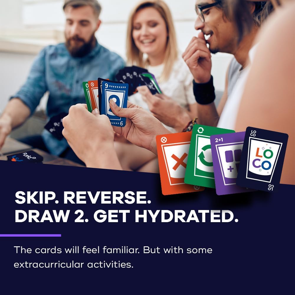DUNZO® - Hydrating Version of Classic Card Game with 4 Unbreakable Glasses - Draw Two, Skip, Reverse, Get Loco - Fun Party Game & Funny Gifts - Card Games