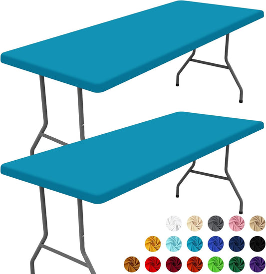 Spandex 5 Foot Rectangle Table Cloth 2 Pack, Elastic Fitted Tablecloths for Picnic, Stretch Washable Patio Table Cover for Outdoor, Camping, Banquet and Parties (Teal, 30"x60")