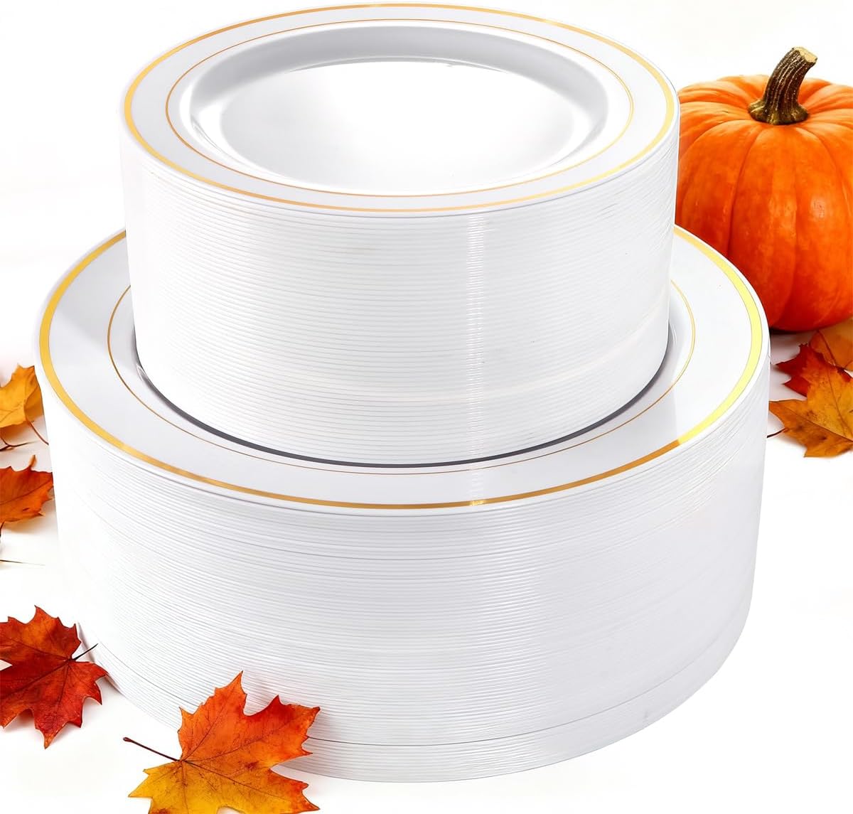 I00000 102 Pieces Gold Plastic Plates, Disposable Party Plates White Gold Rim, 51 Disposable Gold Dinner Plates 10.25 Inch and 51 Disposable Dessert Appetizer Elegant Fancy Wedding Plates 7.5 Inch