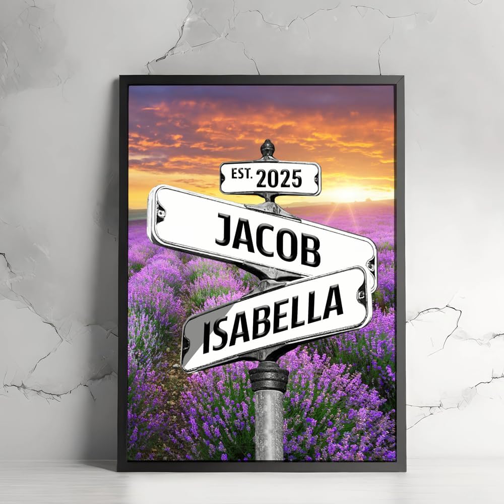 Personalized Lavender Garden Canvas Poster - Vintage Street Sign Style, Custom Name And Date - Perfect For Anniversary, Wedding, Birthday Gifts