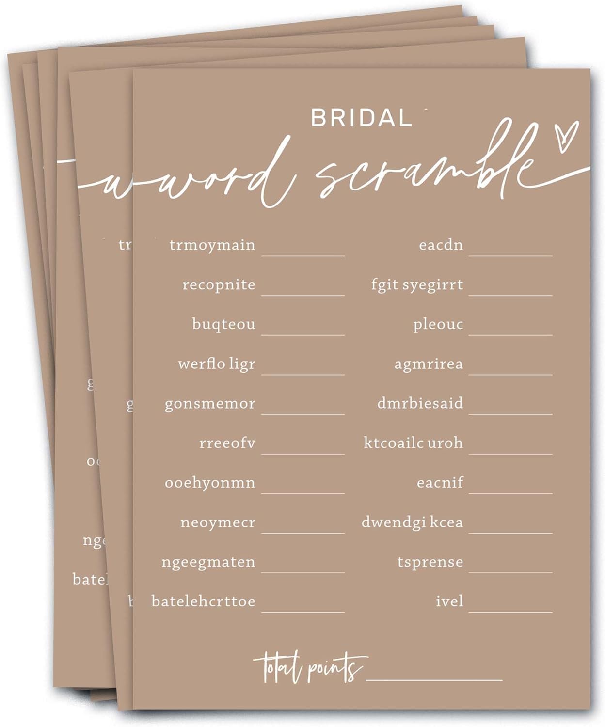 Bridal Shower Games Cards, Bridal Word Scramble, 25 Game Cards with 1 Answer Card, Engagement Party Wedding Games for Guests, Minimalist Brown Wedding Party Supplies - D14