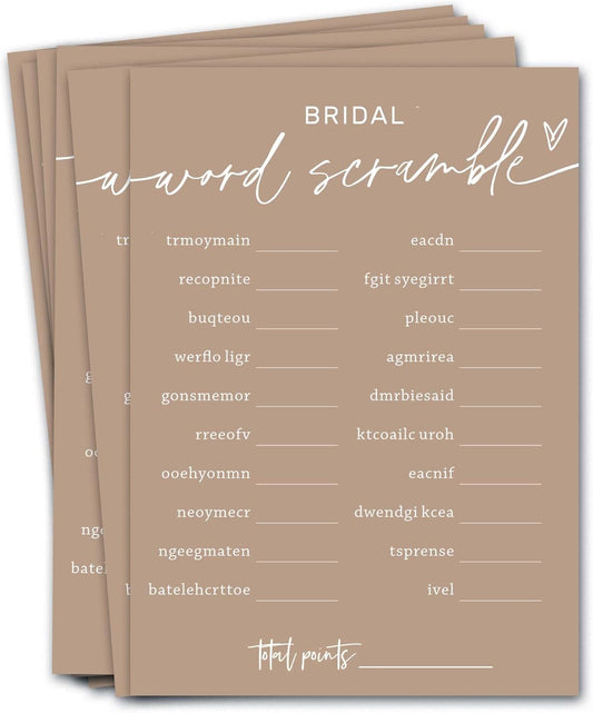 Bridal Shower Games Cards, Bridal Word Scramble, 25 Game Cards with 1 Answer Card, Engagement Party Wedding Games for Guests, Minimalist Brown Wedding Party Supplies - D14